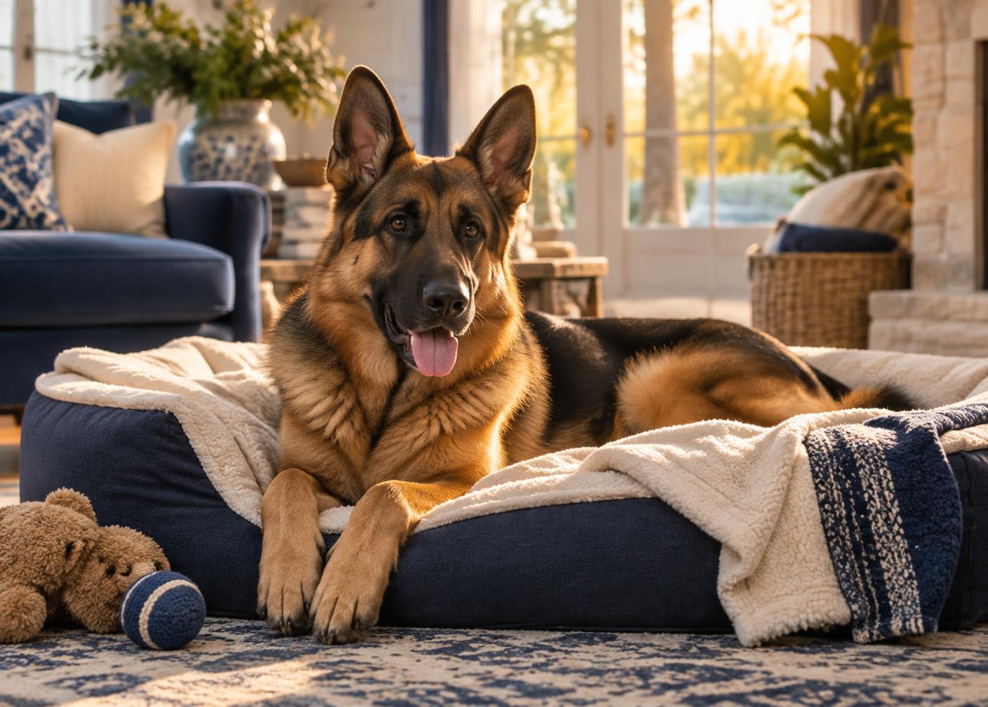 German Shepherd resting on a soft bed and blankets