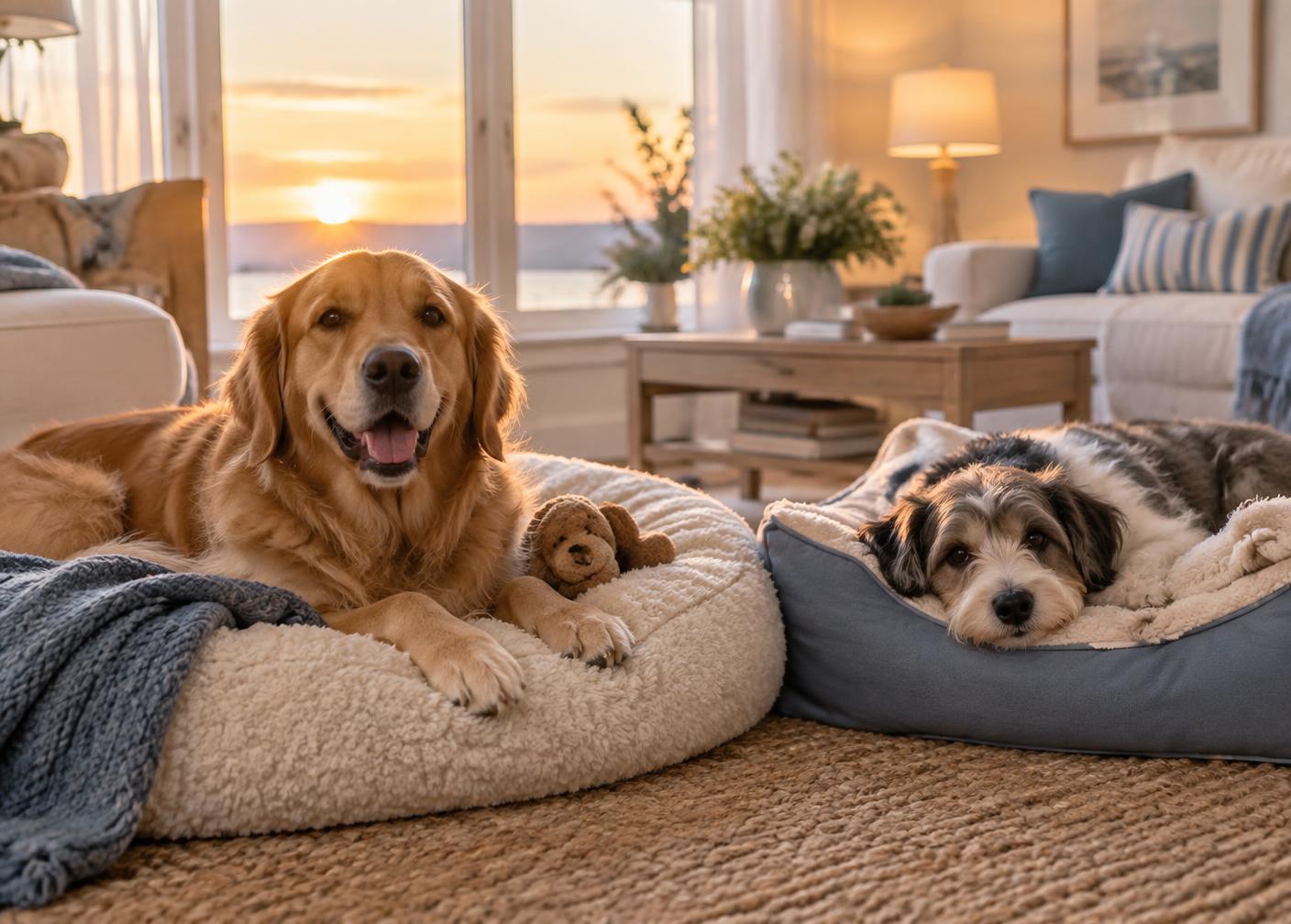 Two dogs relaxing in a cozy home boarding lounge