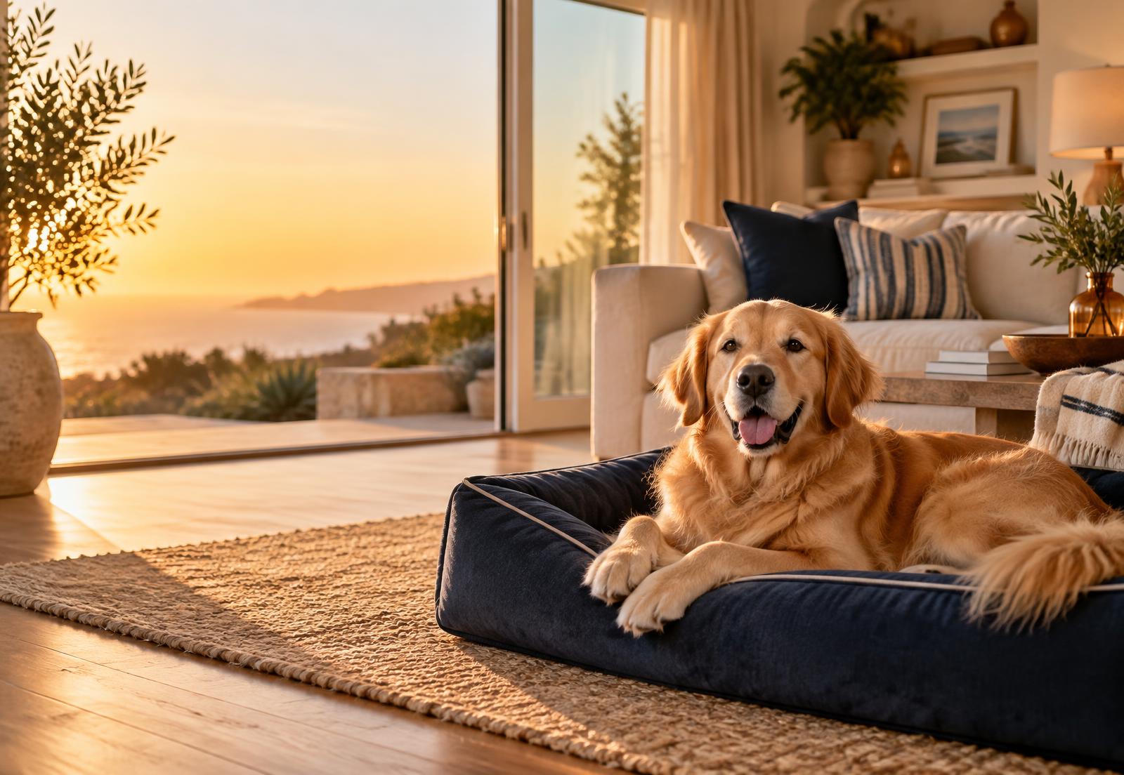 Dog relaxing on a cushioned bed at All Dogs Train home boarding in Wildomar, CA